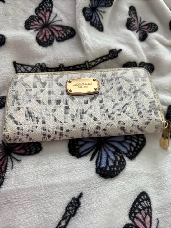 Michael Kors Handbags - Michael Kors Cream and Gray Logo Zip-Around Wallet